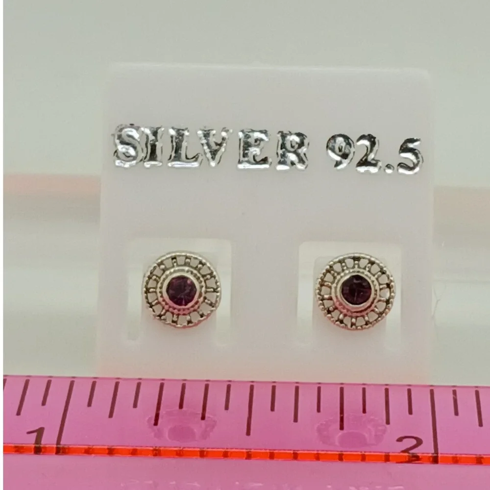 Vintage 925 Sterling Silver Crystal Sunburst‎ Round Stud Earrings Boho Sun Wheel
